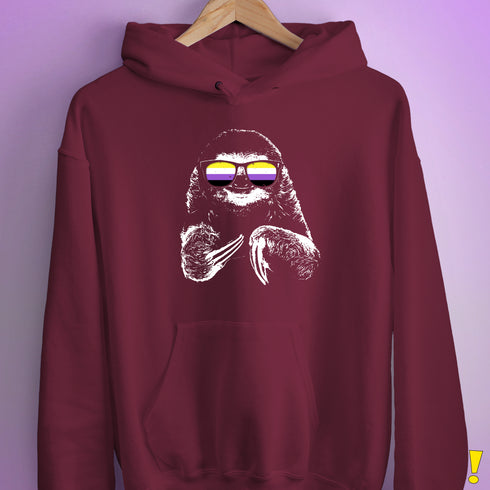 Pride Sloth Nonbinary Flag Sunglasses Hoodie - Maroon
